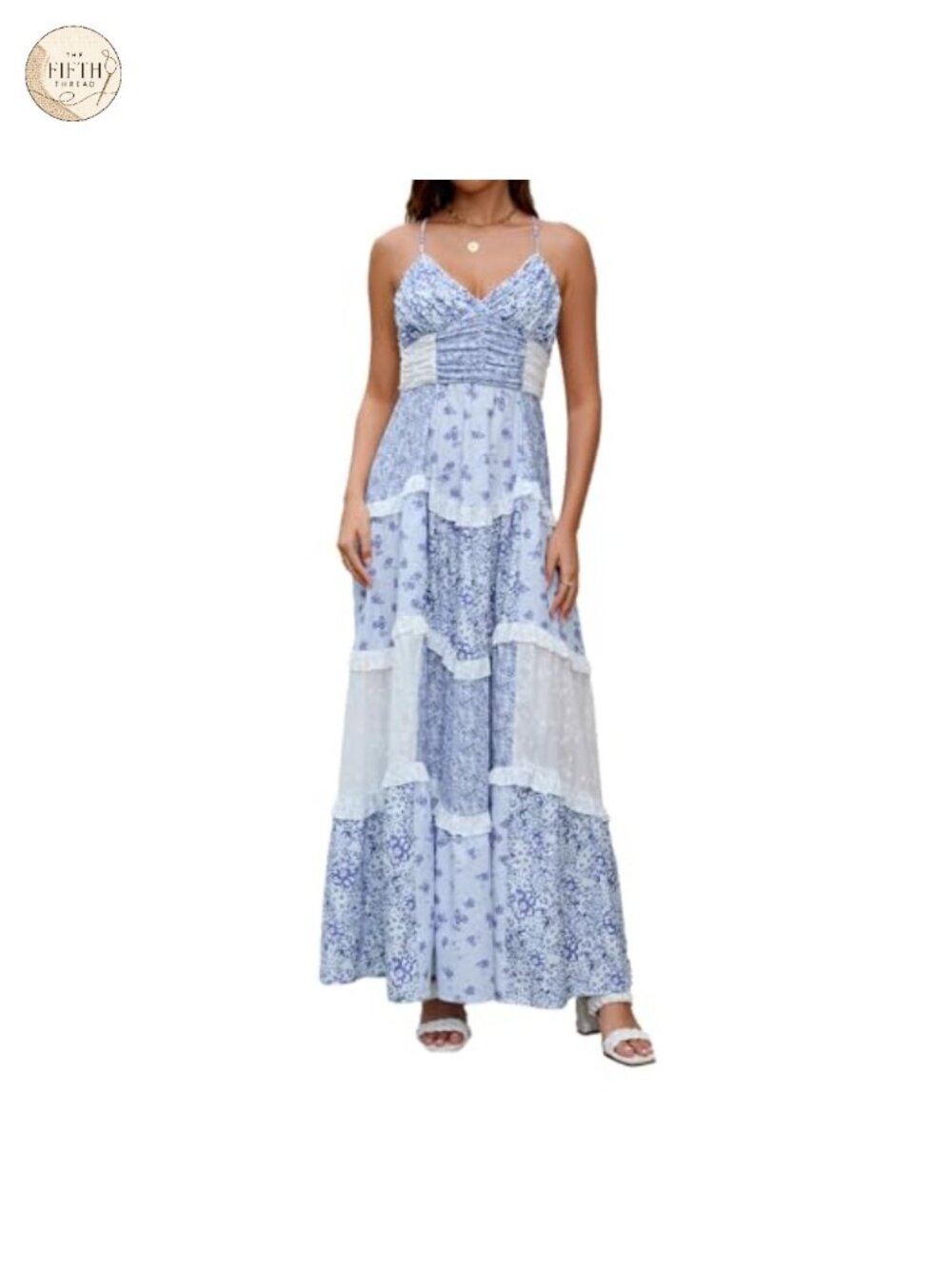 Womens Floral Maxi Dress Spaghetti Strap V Neck Tiered Boho Sundress